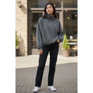 5168)Mable Gray Textured Half Zip Pullover Ribbed High Collar Slouch Sweater M